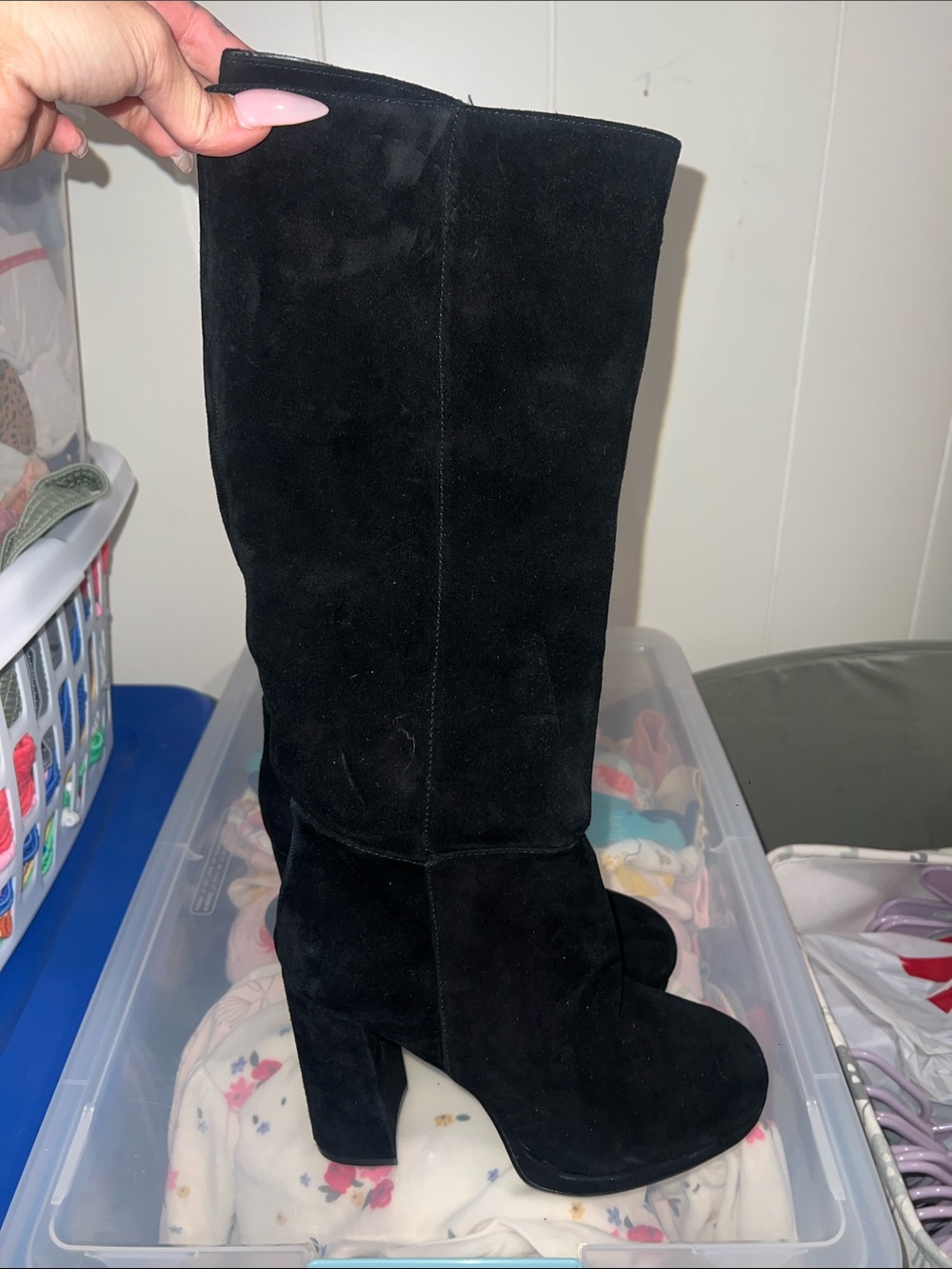 Women's Black Suede Mid-Calf Block Heel Boots